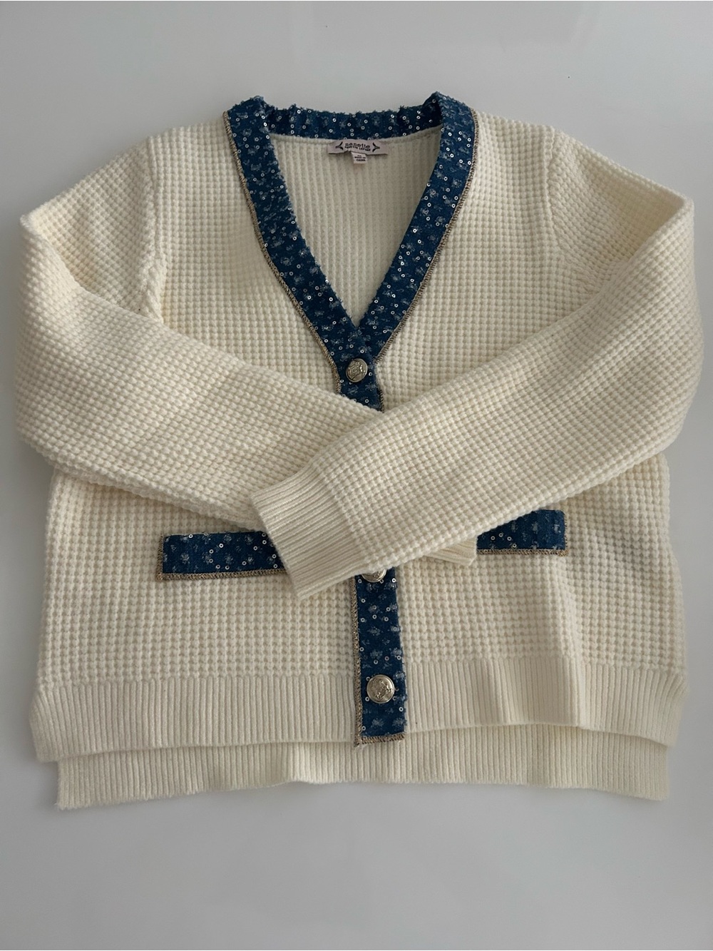 Nanette by Nanette Laporte Cream Waffle Knit Cardigan with Blue Sequin Trim - Picture 2 of 6